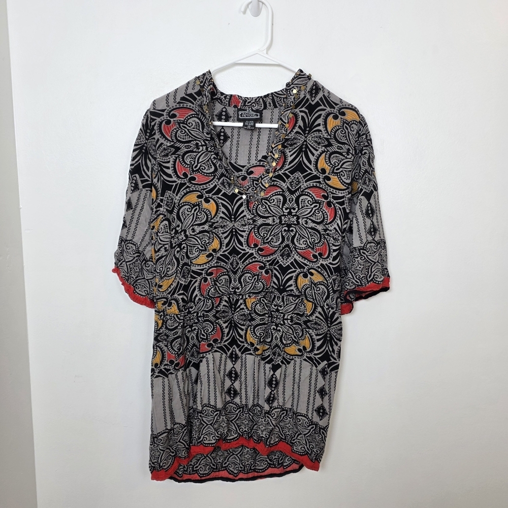 Angie Grey Black Sequin Beaded Bohemian Gypsy Indian Tunic Shirt Size Small